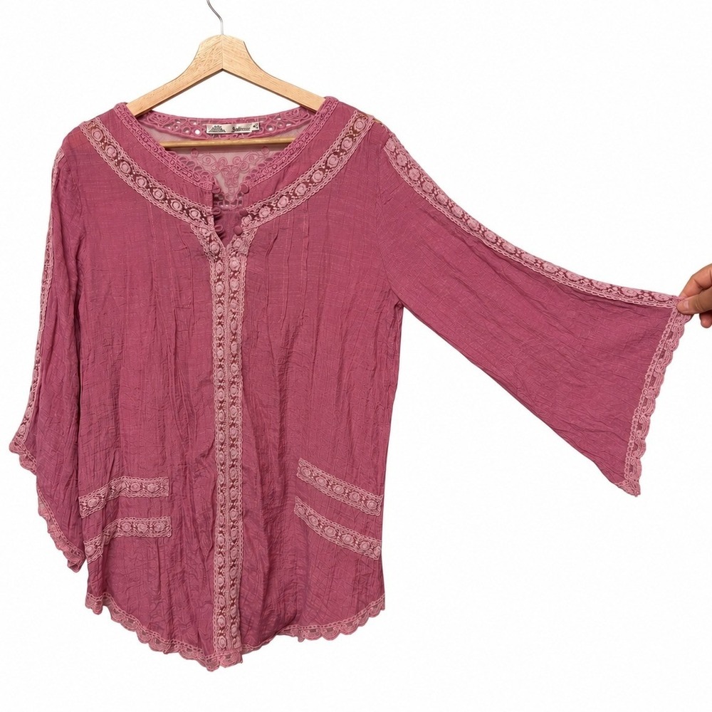 Solitaire Boho Crochet Lace Bell Sleeve Cotton Tunic M Pink Cottage Fairycore
